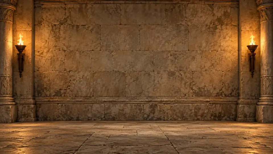 Torch-lit stone walls and columns in the Door Maze quiz game world