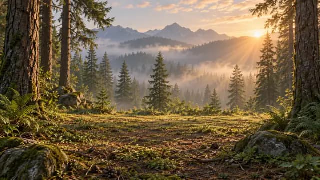 Sunlight over a pine forest and mountain valley in the Lumberjack quiz game world