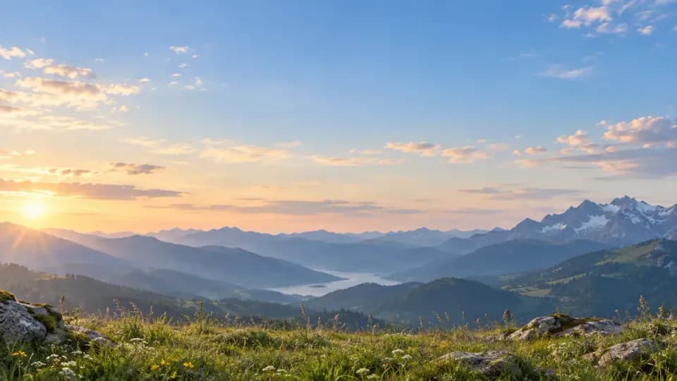 Sunrise over alpine meadows and snowy peaks in the Mountain Runner quiz game world
