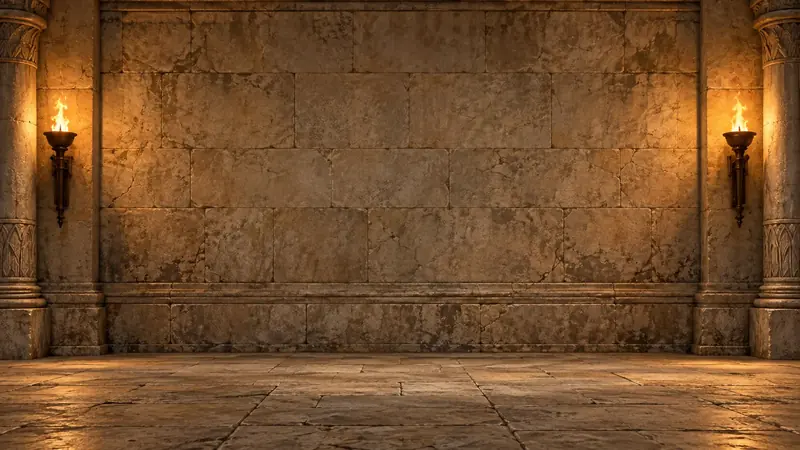 Torch-lit stone walls and columns in the Mystery Doors quiz game world